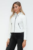 Snobbish Faux Leather Zip Up Drawstring Hooded Jacket 