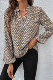Khaki Geometric Print Notched Neck Puff Sleeve Blouse Tops/Blouses & Shirts