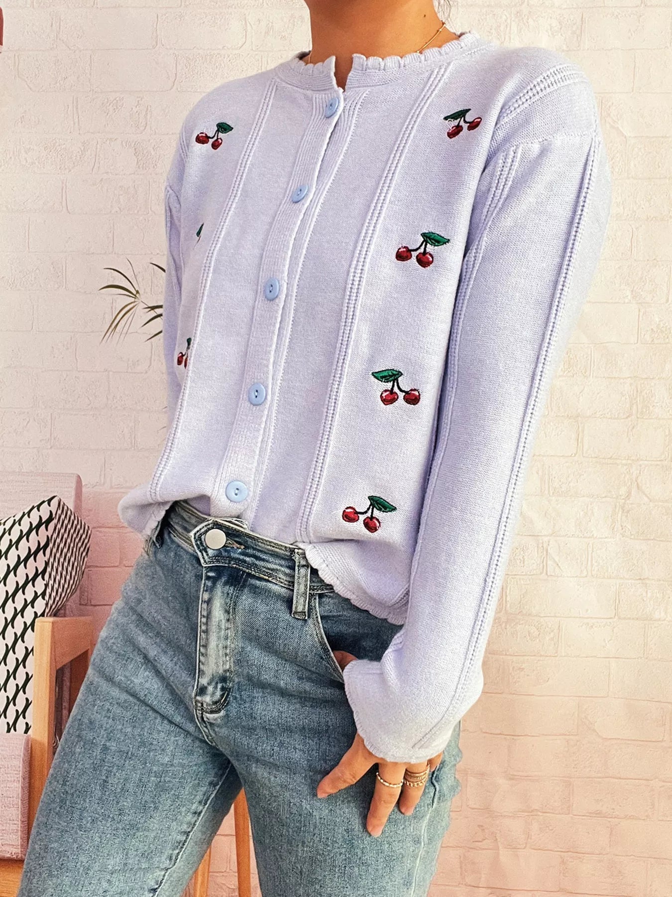 Cherry Embroidered Button Up Cardigan 