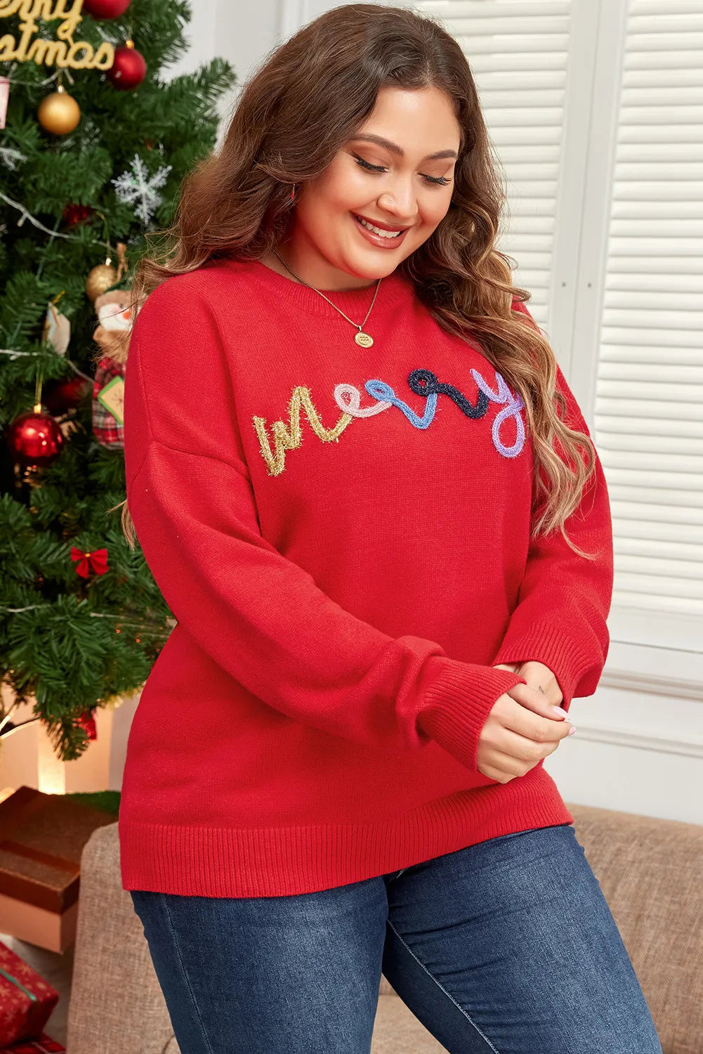Plus Size MERRY Round Neck Long Sleeve Sweater 