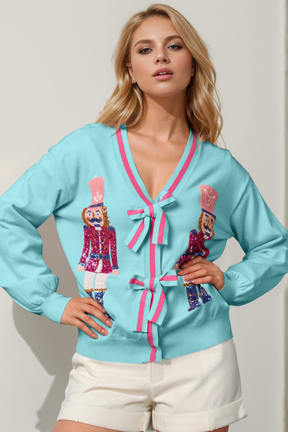 Double Take Full Size Nutcracker Sequin Bow Decor Cardigan 