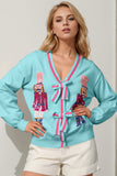 Double Take Full Size Nutcracker Sequin Bow Decor Cardigan 