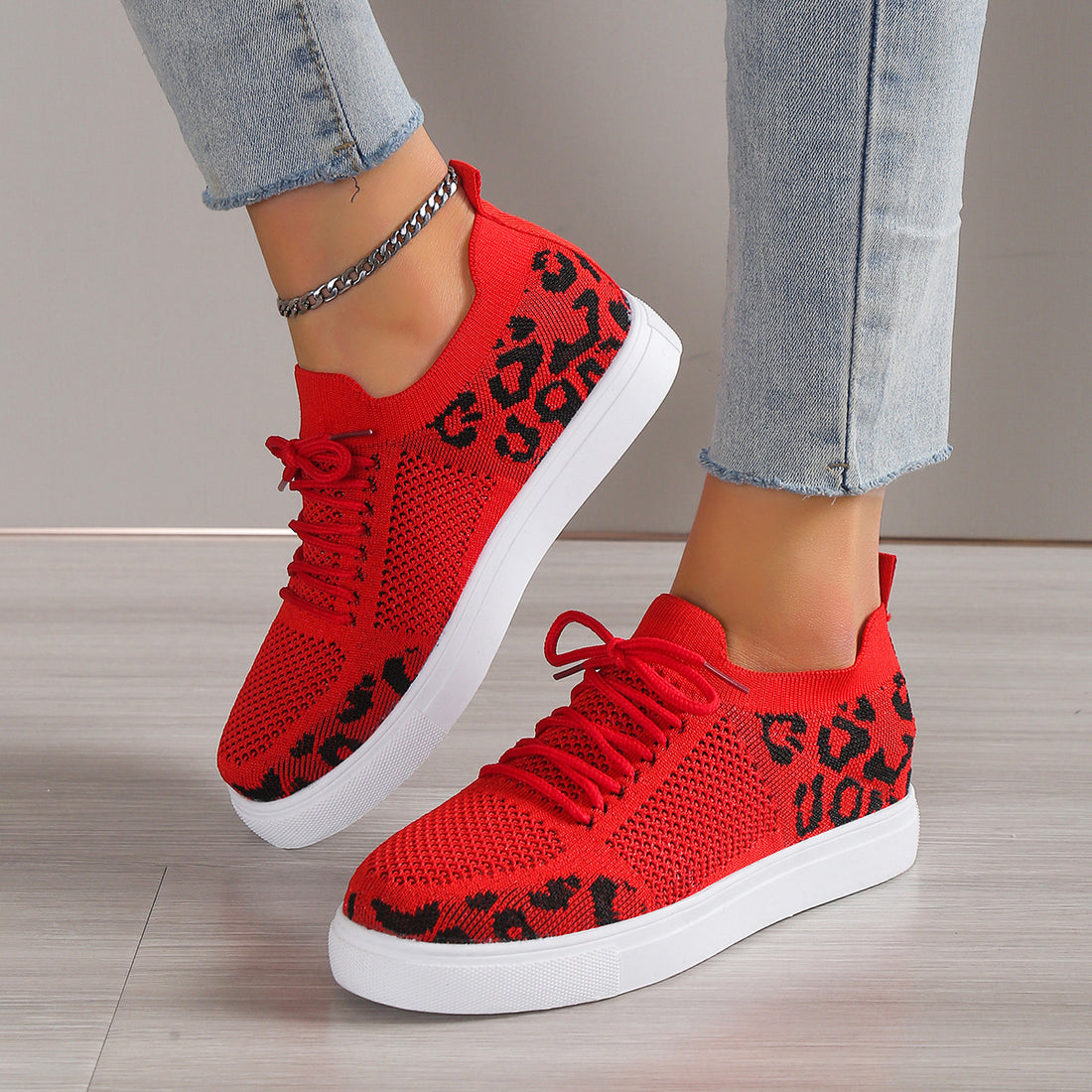 Lace-Up Leopard Flat Sneakers 