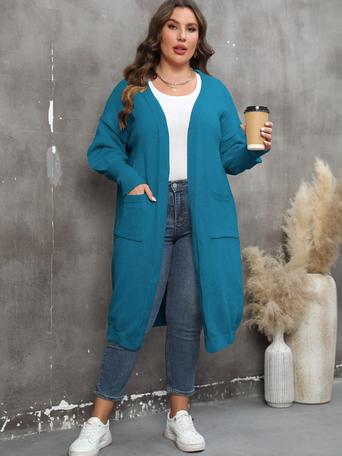 Plus Size Long Sleeve Pocketed Cardigan 
