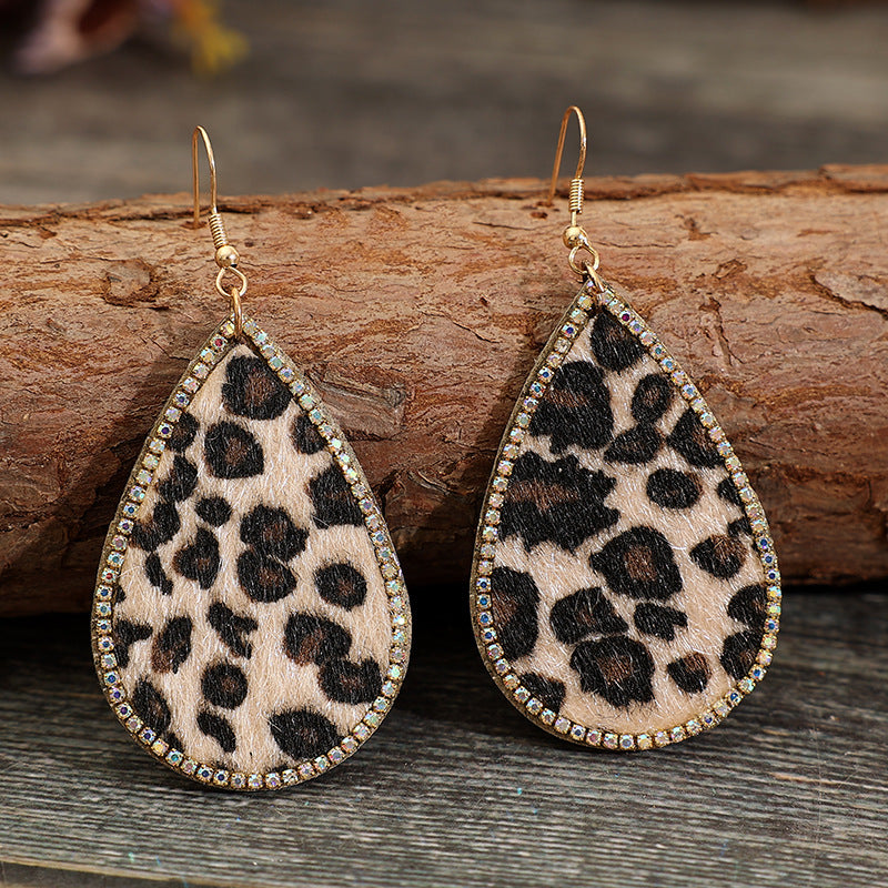 Zircon PU Leopard Teardrop Earrings 