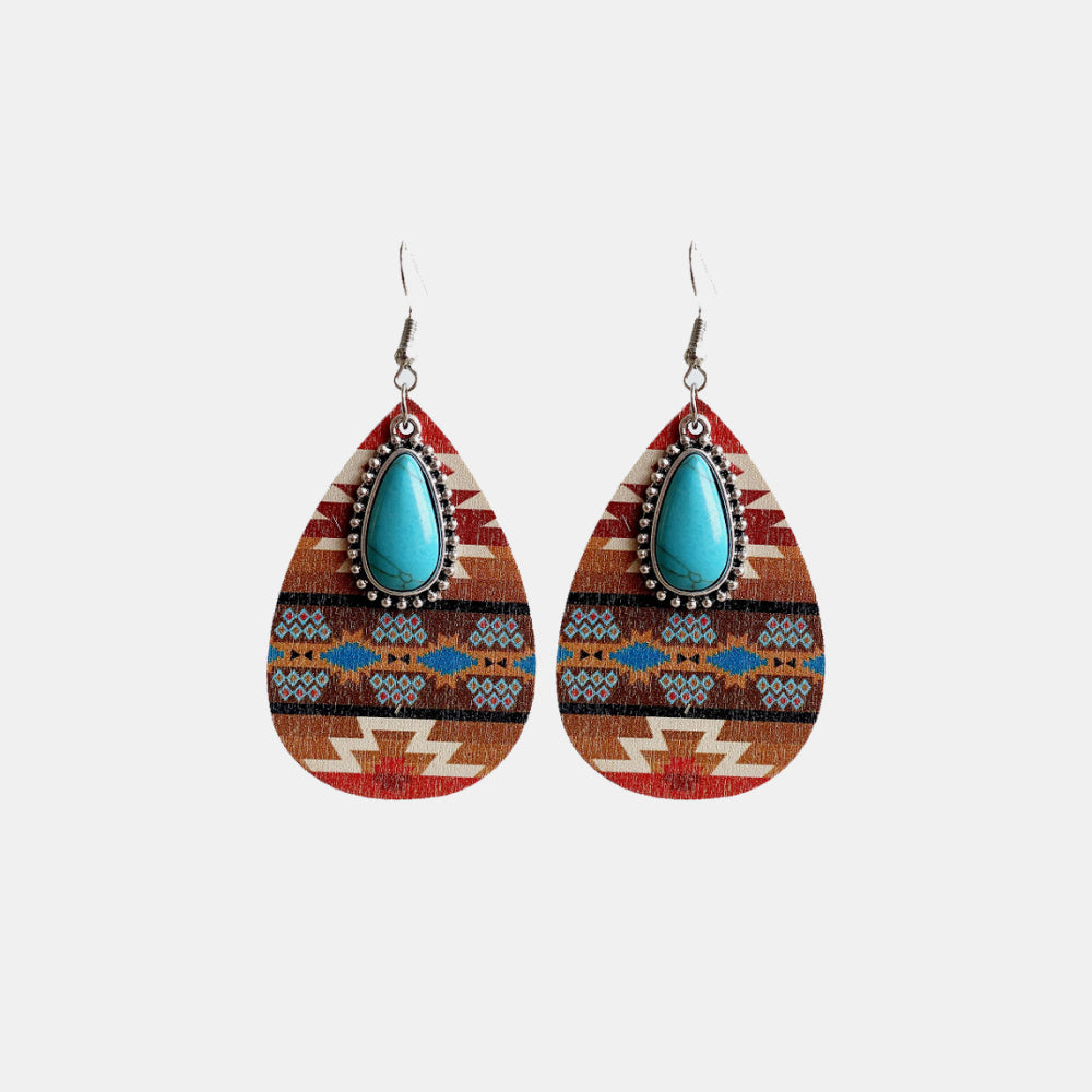 Turquoise Teardrop Shape Wooden Dangle Earrings 