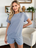Double Take Full Size Texture Short Sleeve T-Shirt and Drawstring Shorts Set 