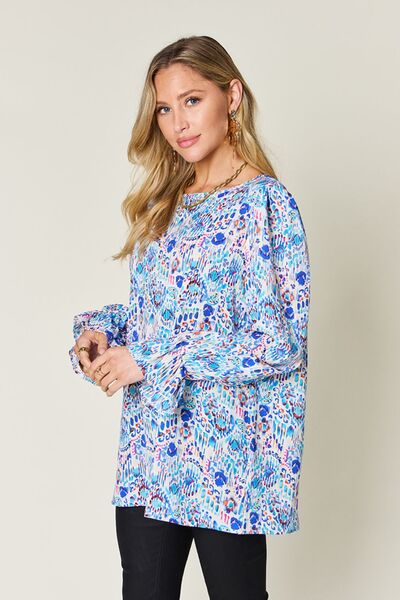 Double Take Full Size Printed Flounce Sleeve Blouse 