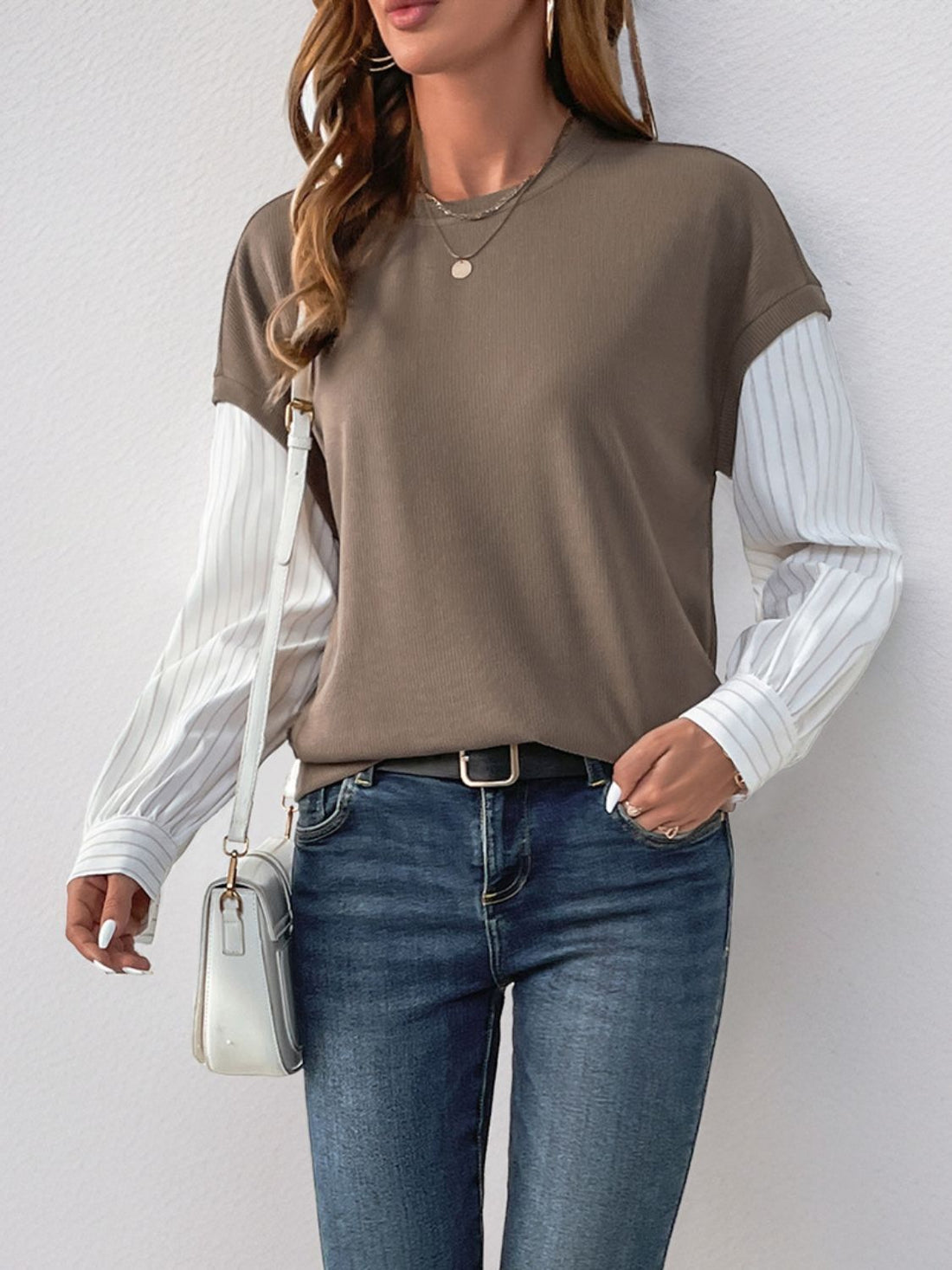 Perfee Round Neck Striped Sleeve Sweatshirt 