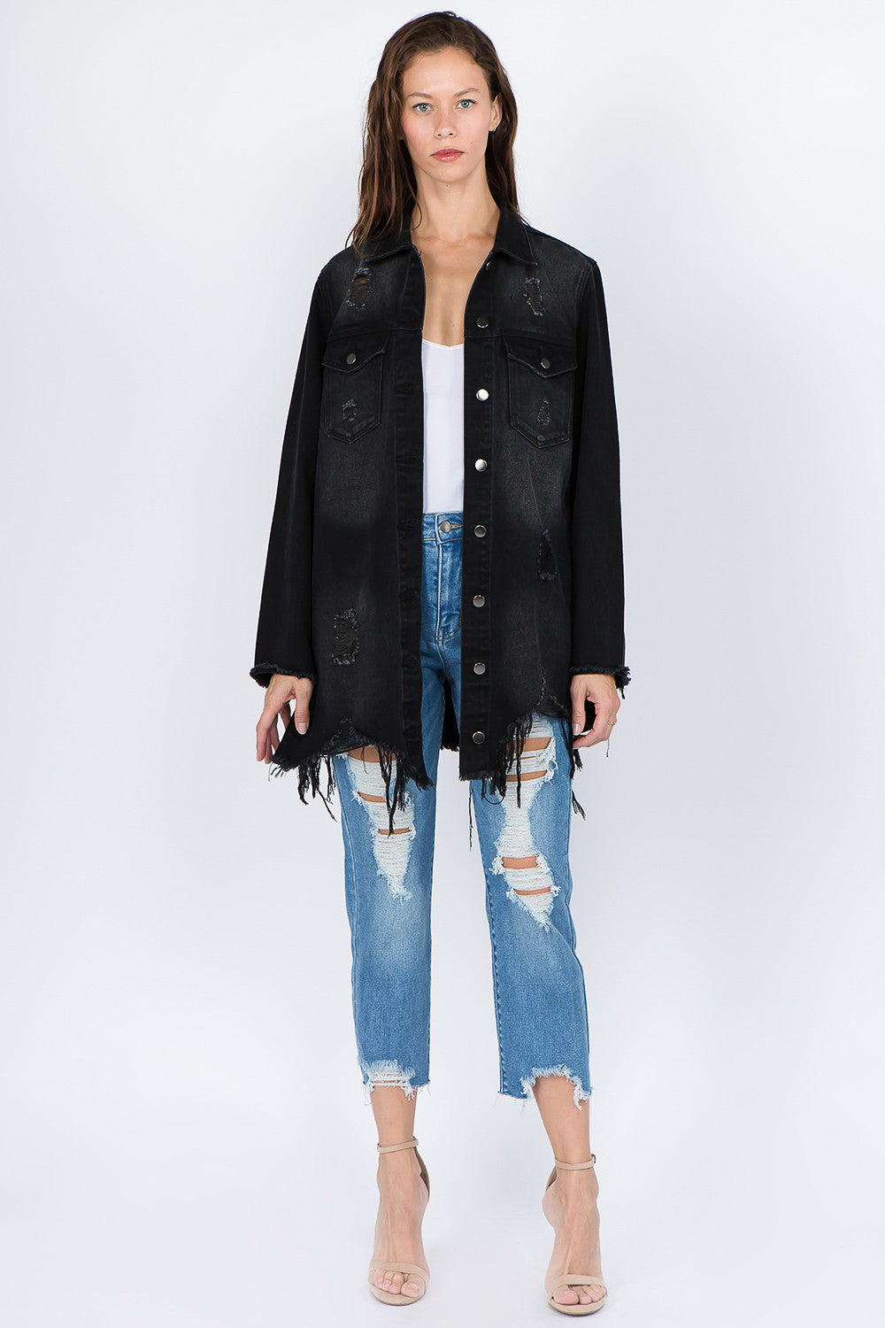 American Bazi Distressed Frayed Hem Denim Jacket 