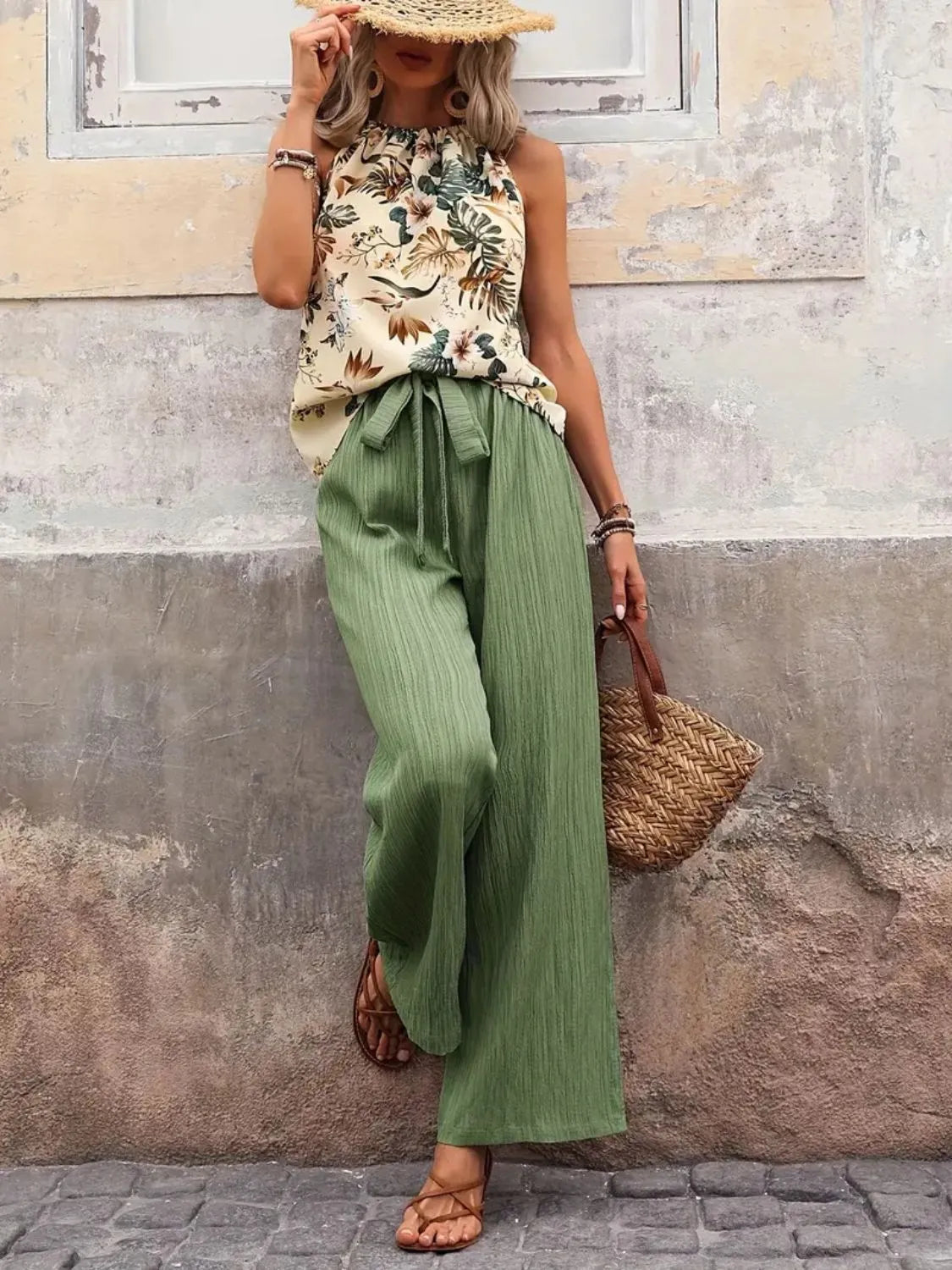 Printed Tank Top and Wide Leg Pants Set Two Piece Dresses