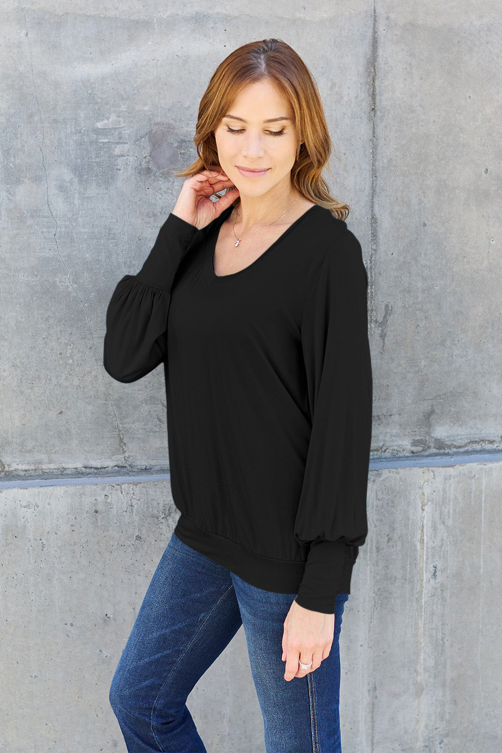 Basic Bae Full Size V-Neck Lantern Sleeve Top 