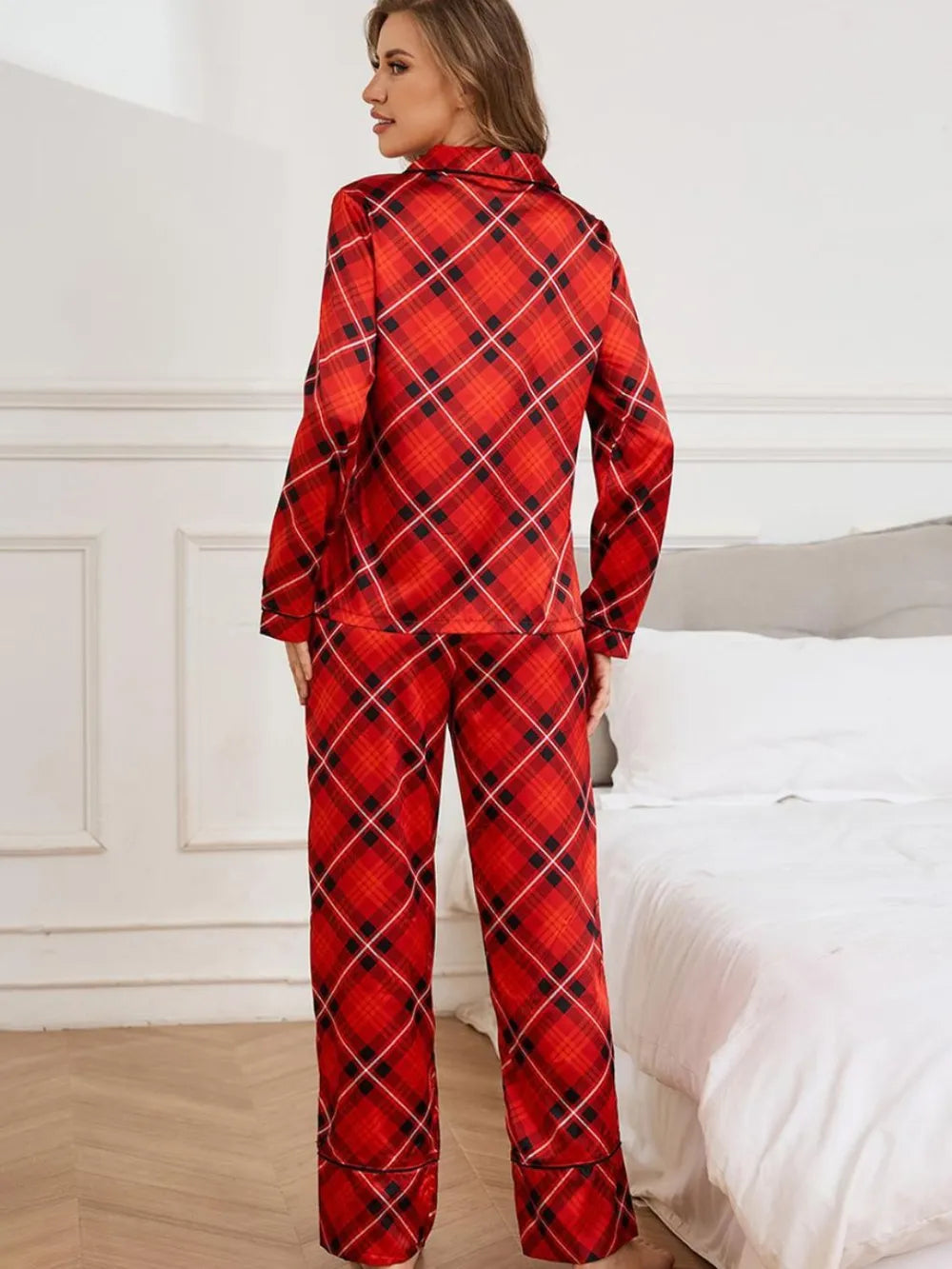 Plaid Button Up Long Sleeve Top and Pants Lounge Set Lingerie & Nightwear