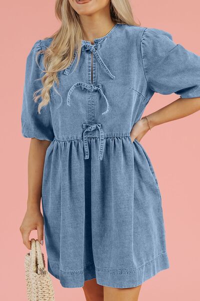 Bowknot Round Neck Half Sleeve Denim Dress Dresses