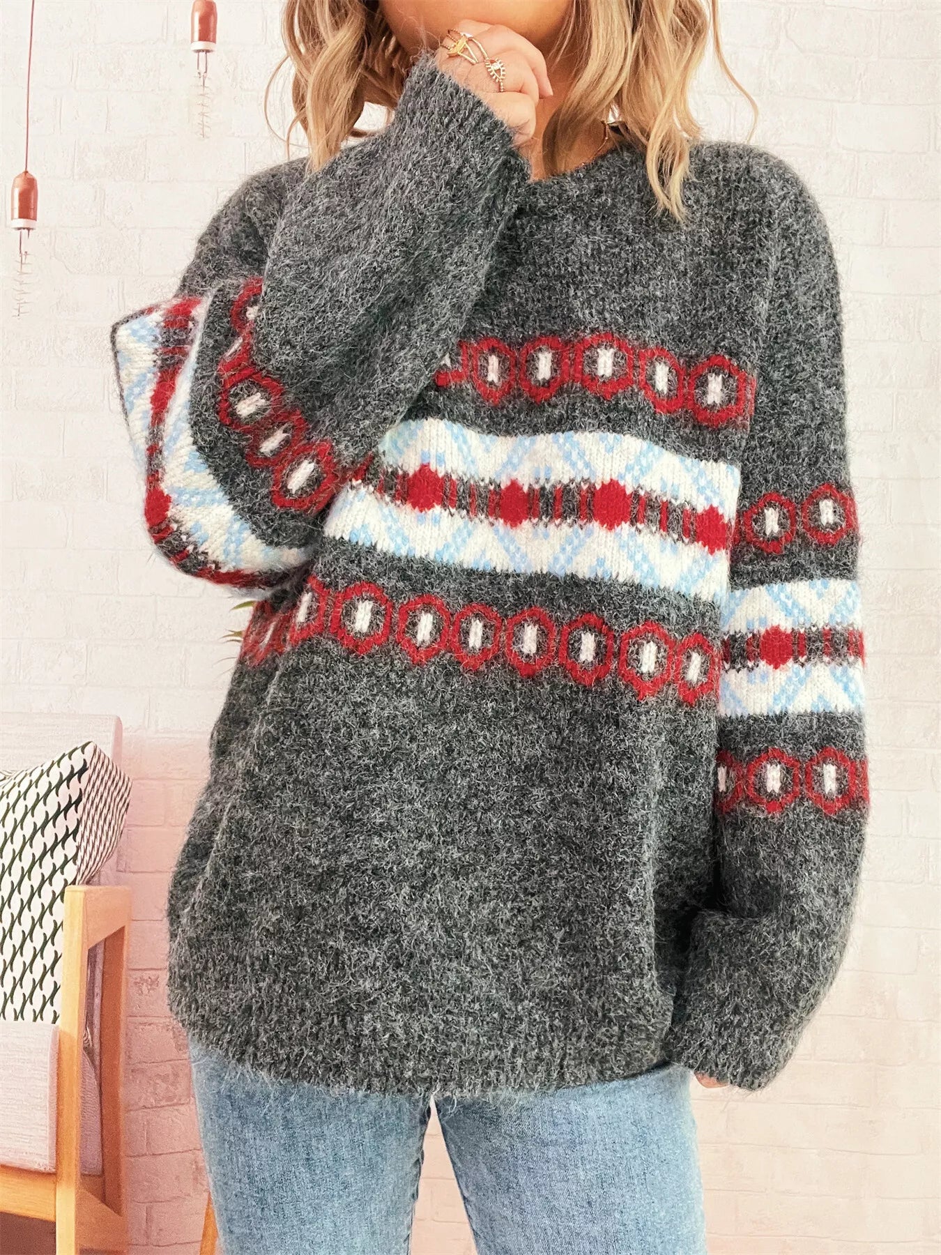 Contrast Round Neck Drop Shoulder Sweater 