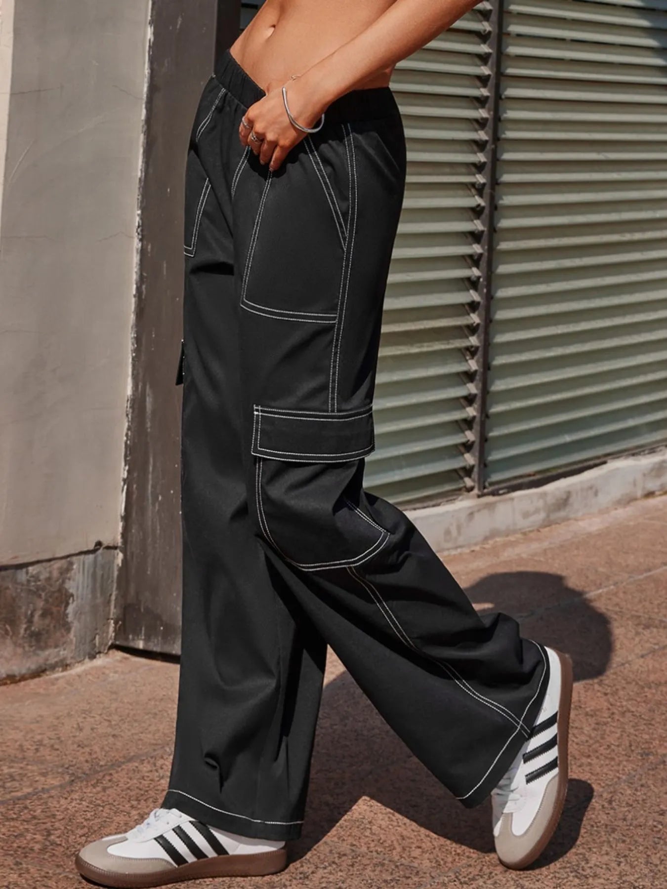 Wide Leg Pants with Contrast Stitching 