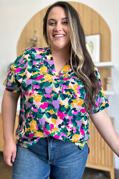 Double Take Full Size Printed V-Neck Short Sleeve Side Slit Top 