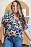 Double Take Full Size Printed V-Neck Short Sleeve Side Slit Top 