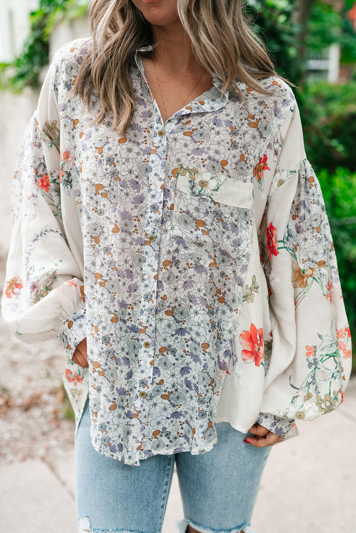 Purple Boho Floral Bishop Sleeve Button Up Loose Shirt Tops/Blouses & Shirts