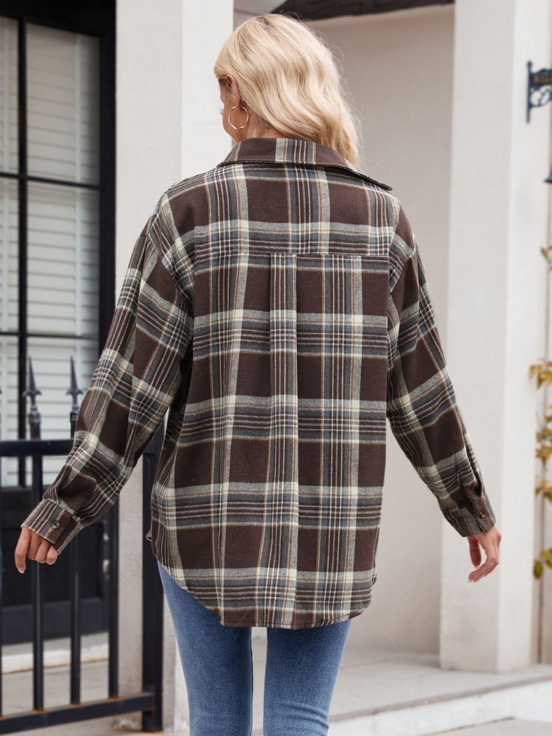 Mandy Pocketed Plaid Collared Neck Long Sleeve Shirt 