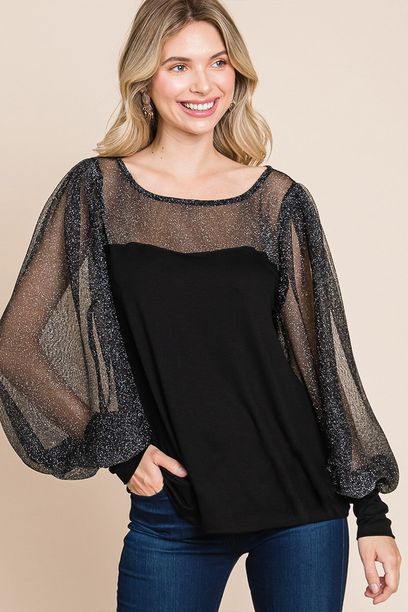 Super Lady Full Size Metallic Mesh Lantern Sleeve Blouse 