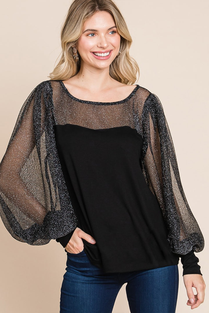 Super Lady Full Size Metallic Mesh Lantern Sleeve Blouse 