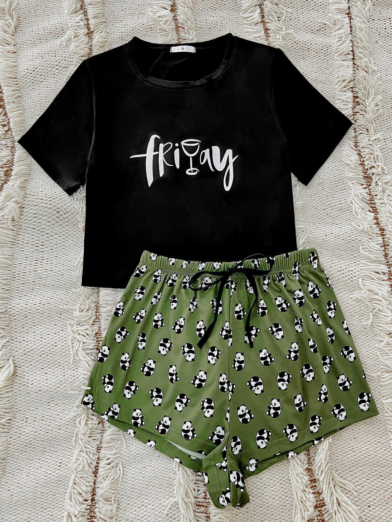 Graphic Tee and Panda Print Shorts Lounge Set Lingerie & Nightwear