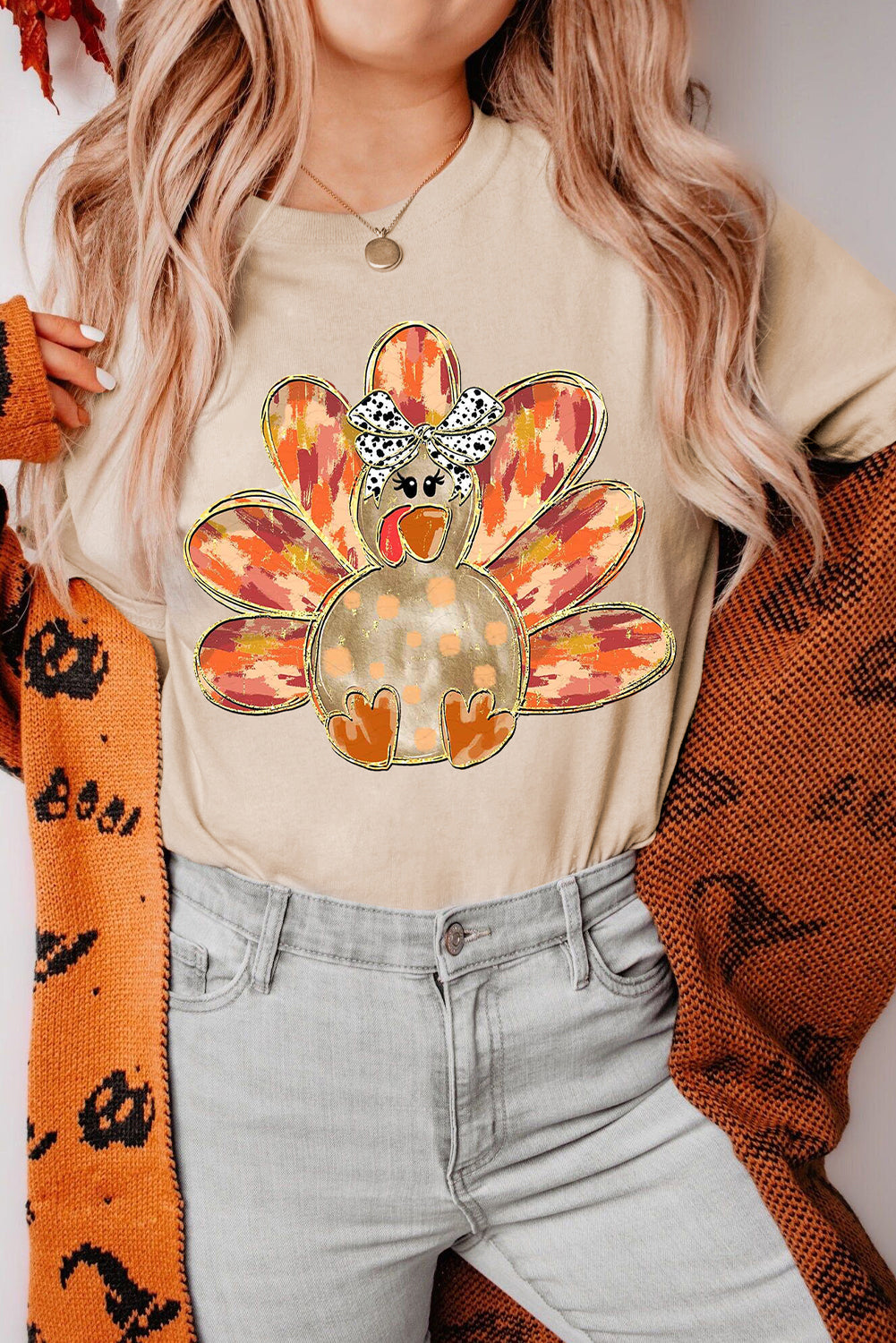 Khaki Thanksgiving Bowknot Turkey Graphic Crewneck Tee Graphic/Graphic Tees