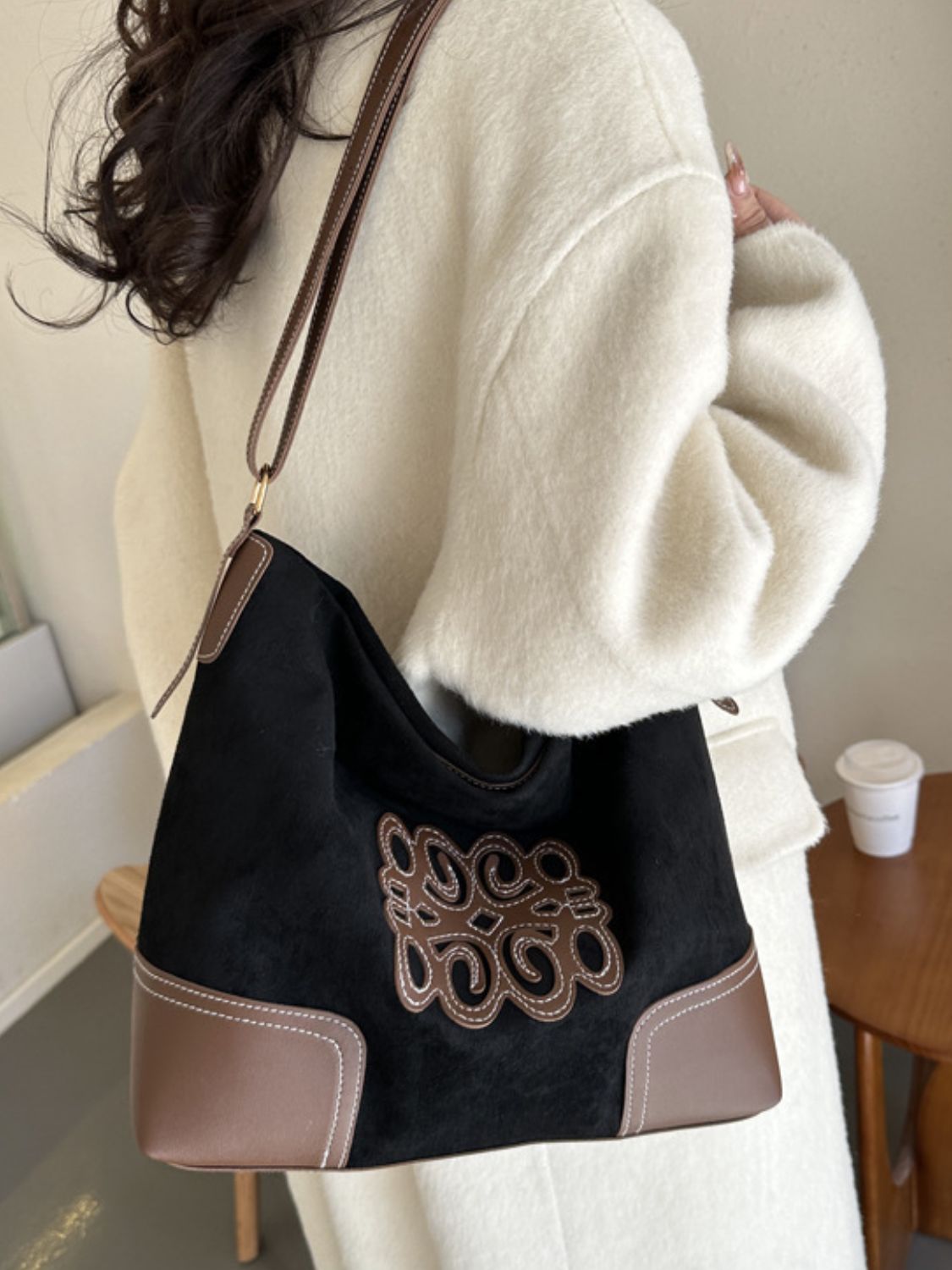 Suede Patch Adjustable Strap Tote Bag 