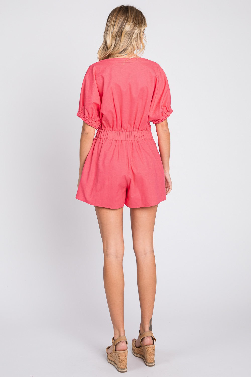 GeeGee Half Button V-Neck Linen Romper 