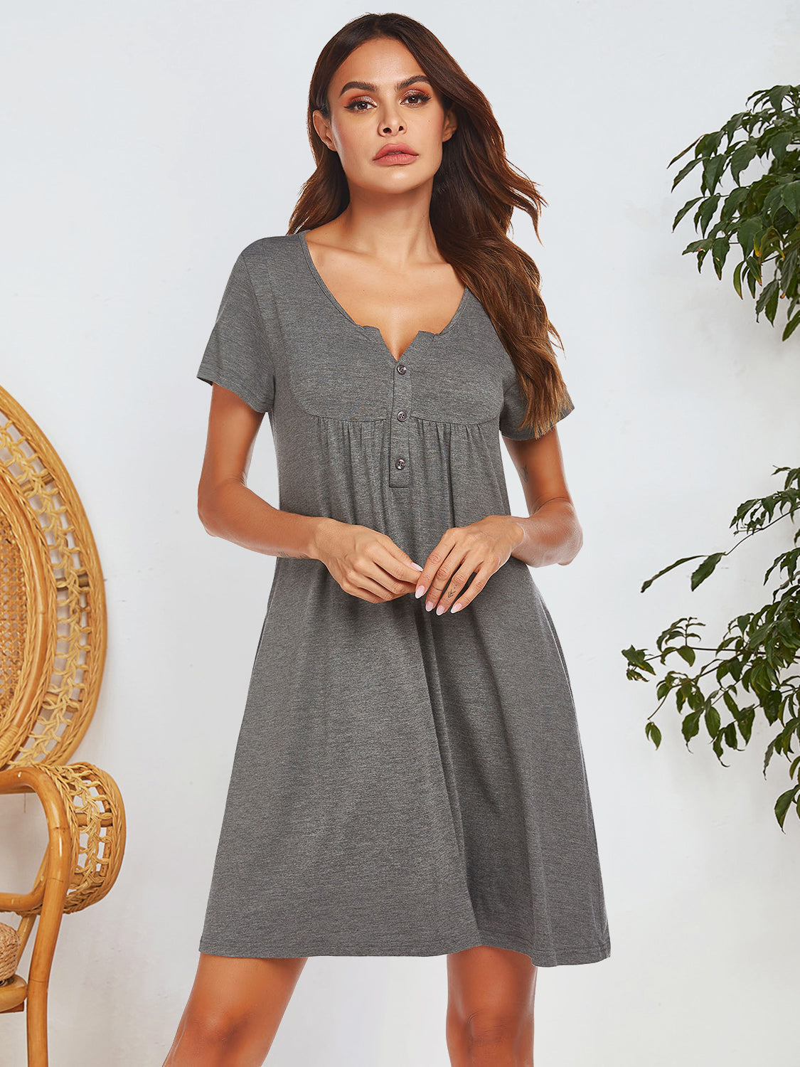 Notched Short Sleeve Mini Lounge Dress 