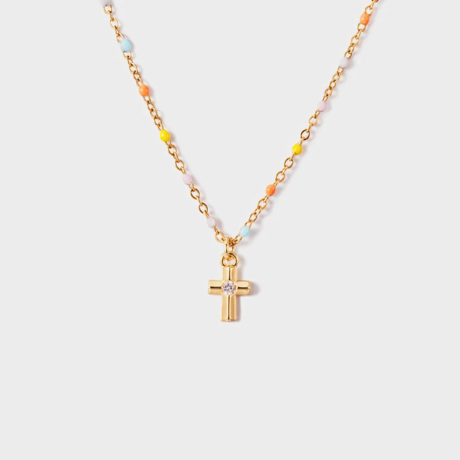 Inlaid Zircon 18K Gold-Plated Cross Bead Necklace 