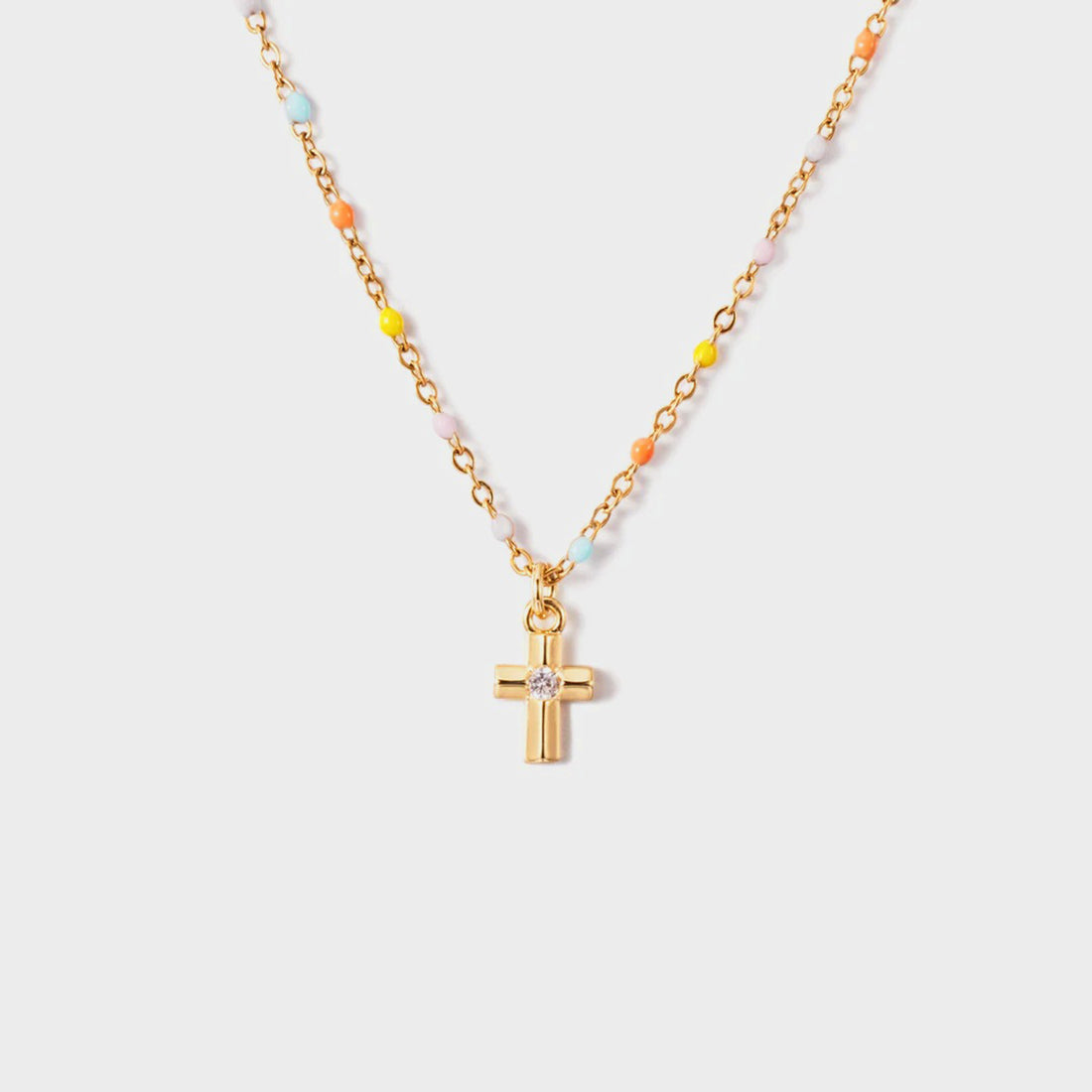Inlaid Zircon 18K Gold-Plated Cross Bead Necklace 