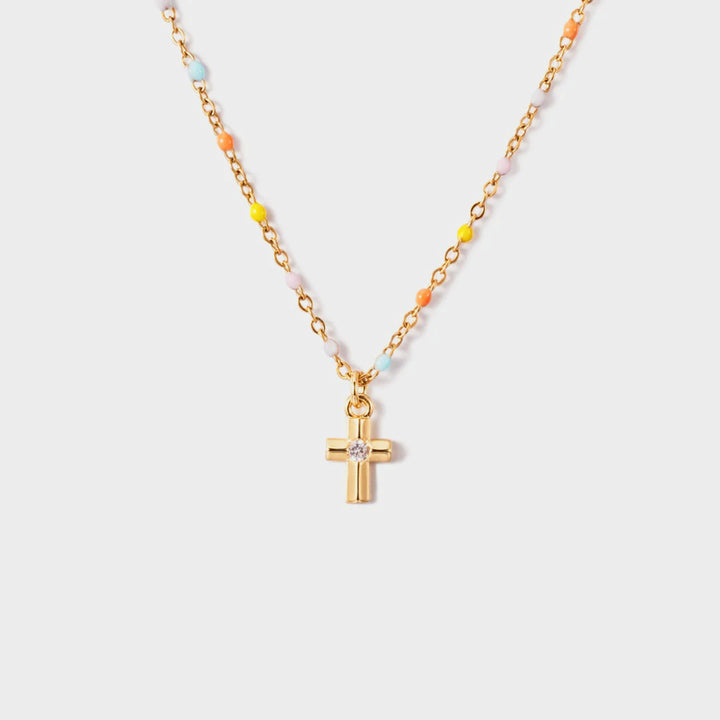 Inlaid Zircon 18K Gold-Plated Cross Bead Necklace 