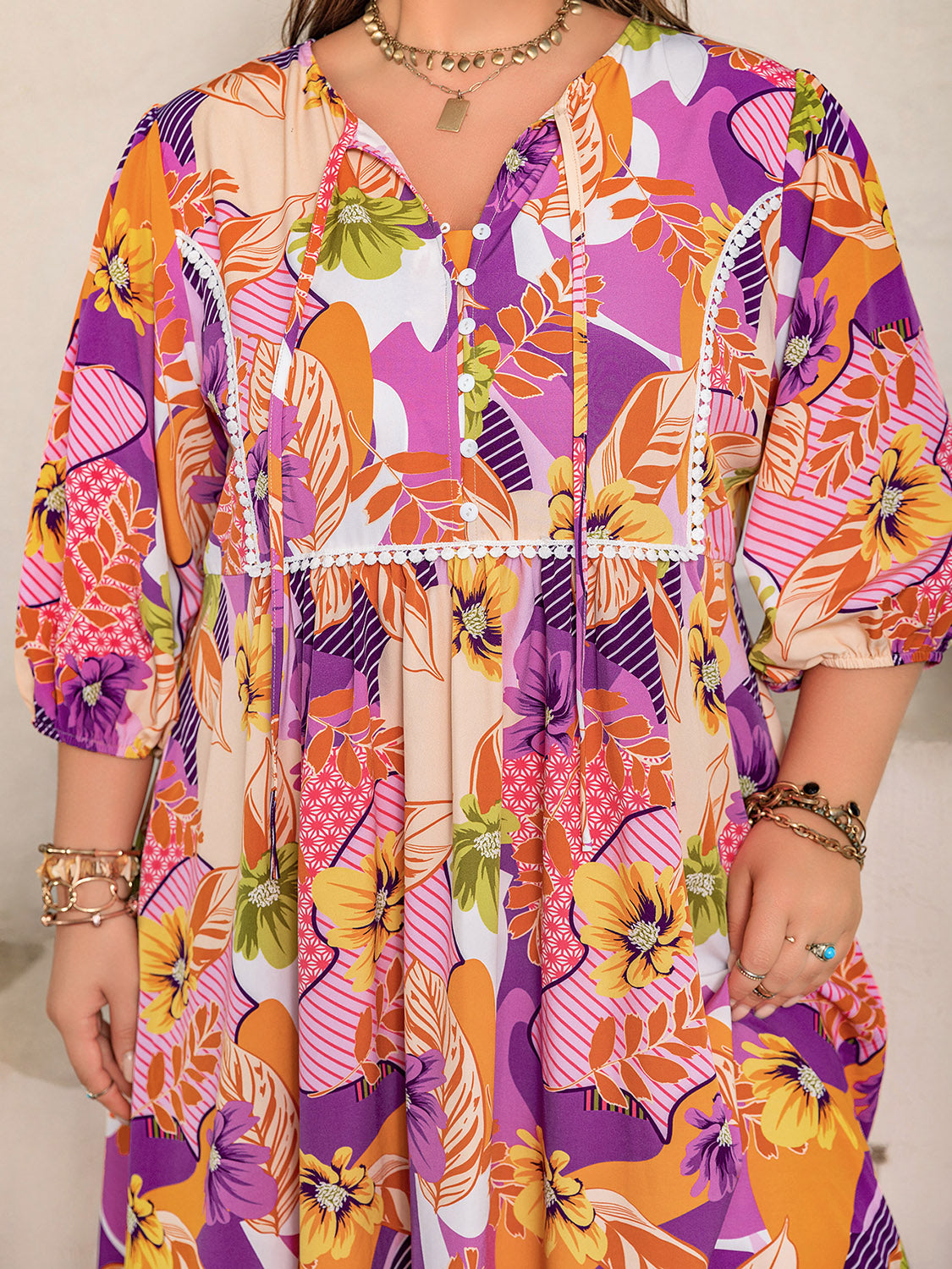 Plus Size Printed Tie Neck Maxi Dress 