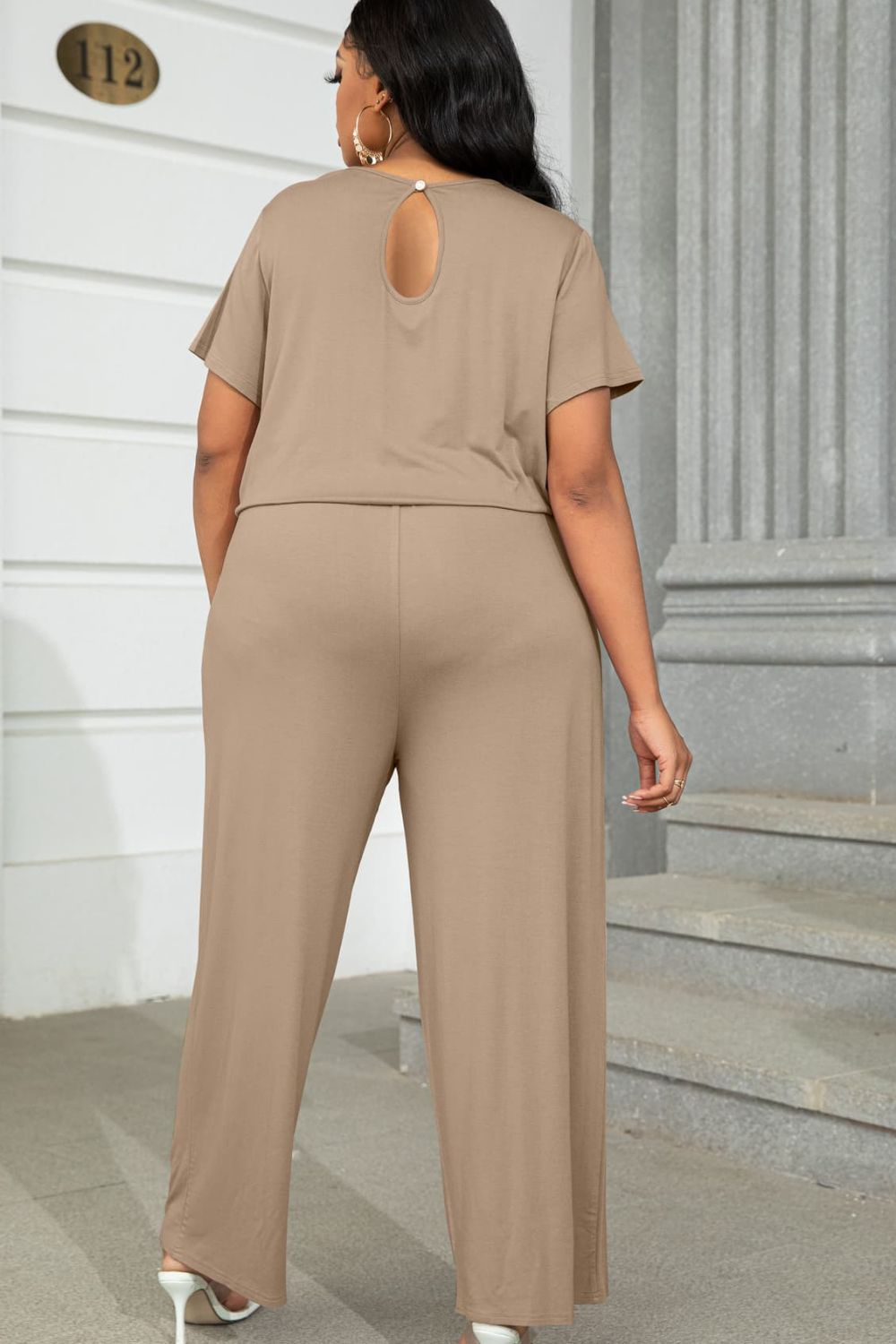 Plus Size Drawstring Waist Short Sleeve Jumpsuit 