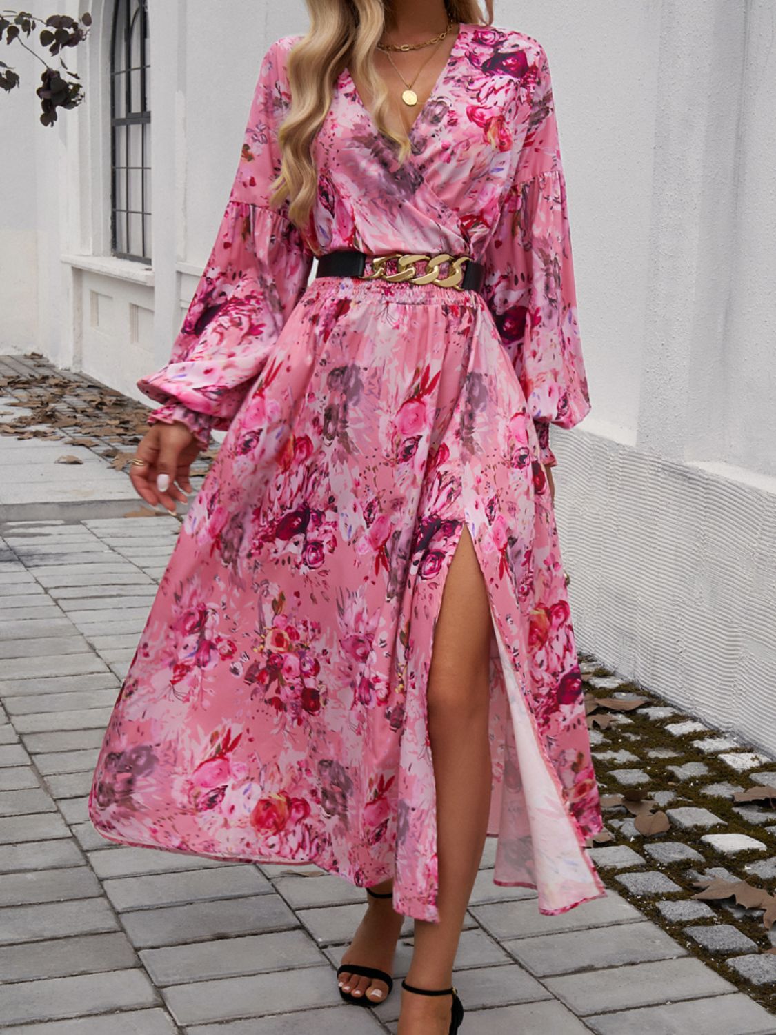Devine Split Printed Surplice Long Sleeve Midi Dress 