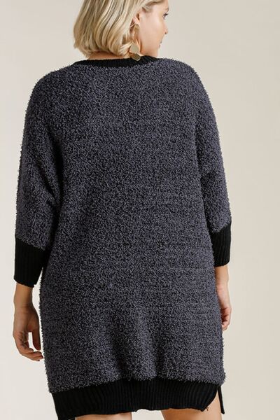 Umgee Full Size Ribbed Hem Round Neck 3/4 Sleeve Sweater Dress with Pockets Plus Size Dresses