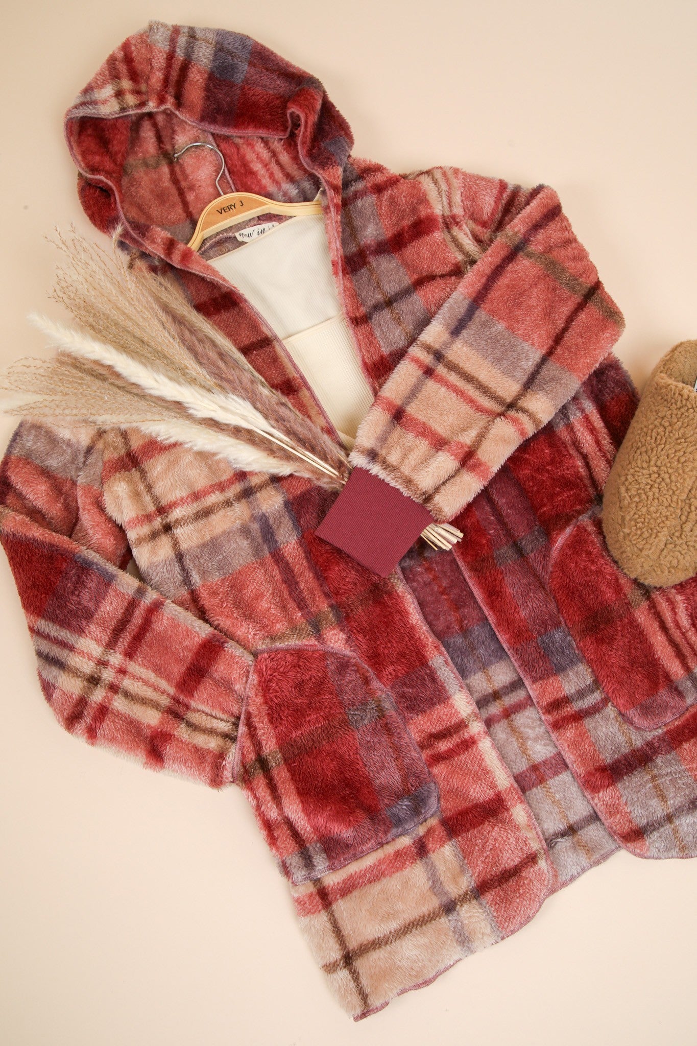 VERY J Fuzzy Plaid Long Sleeve Hooded Jacket 