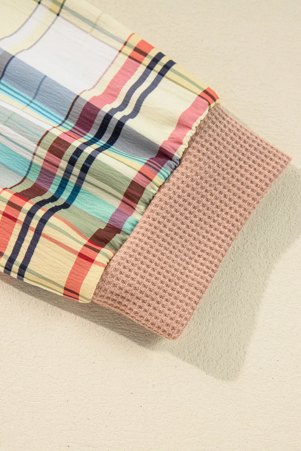 Plus Size Waffle-Knit Detail Plaid Round Neck Top 