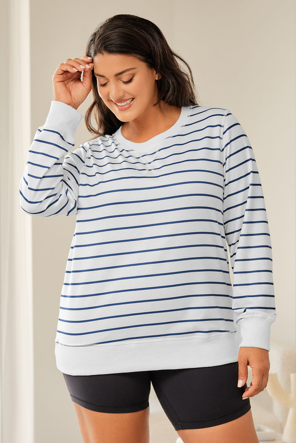Plus Size Striped Round Neck Long Sleeve T-Shirt 