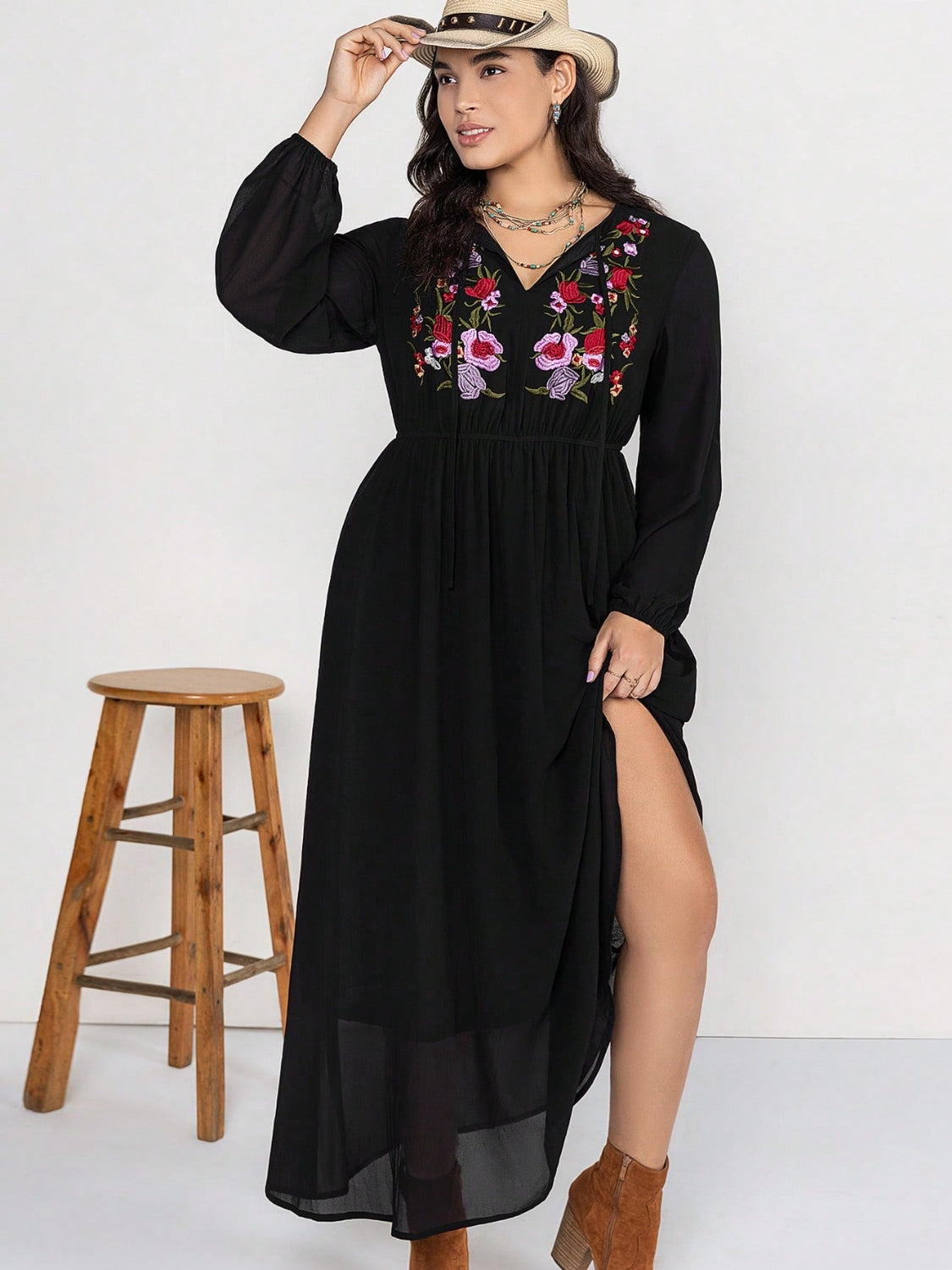 Plus Size Embroidered Tie Neck Long Sleeve Dress 