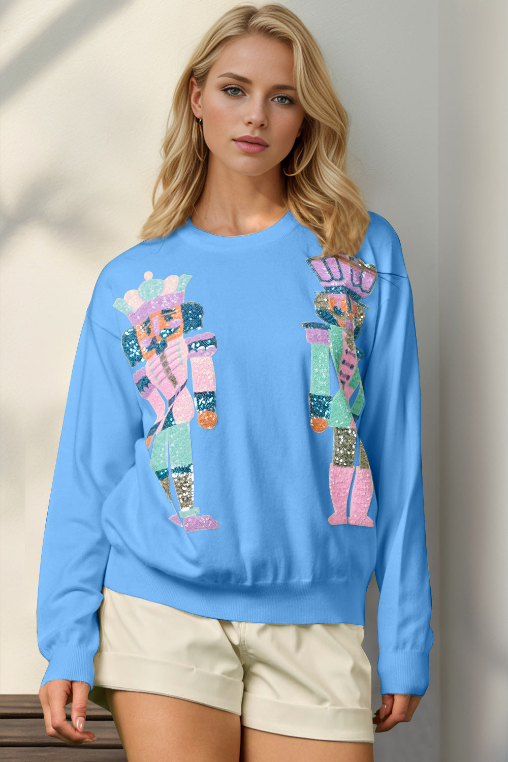 Double Take Full Size Sequin Nutcracker Long Sleeve Sweater 