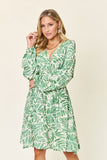Double Take Full Size Printed Ruched Balloon Sleeve Dress 