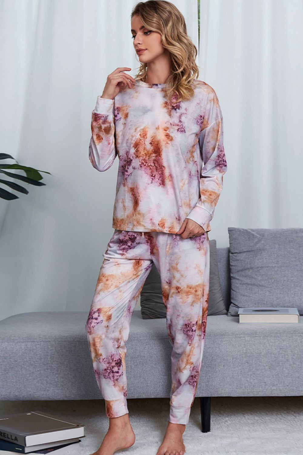 Shiny Tie-Dye Crewneck Top and Drawstring Waist Joggers Lounge Set Lingerie & Nightwear