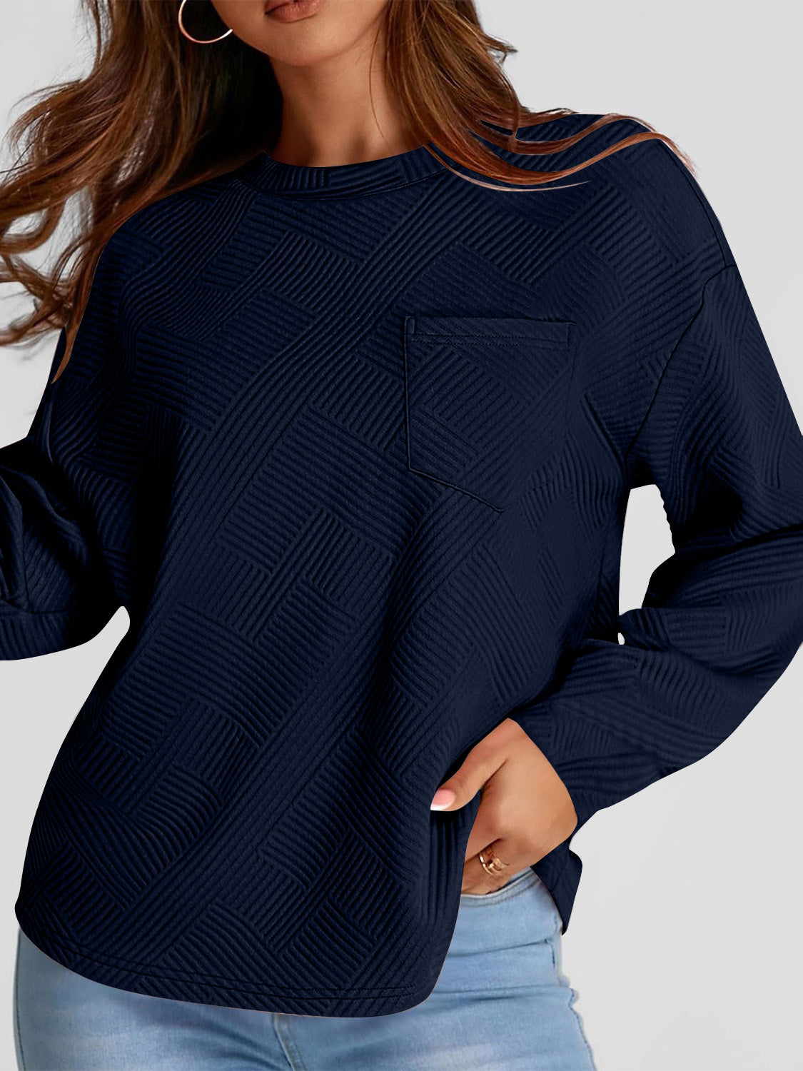 Full Size Texture Round Neck Long Sleeve Sweatshirt 