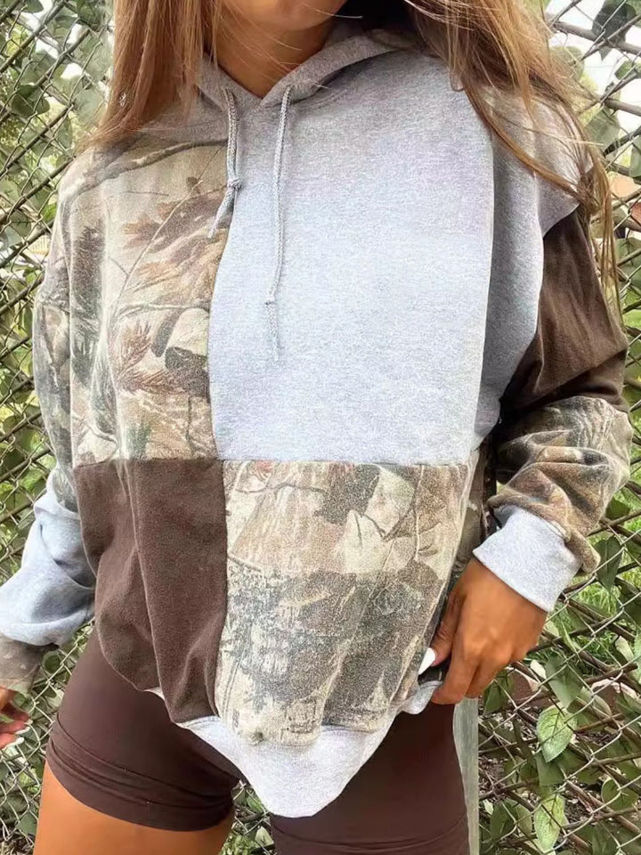 Full Size Drawstring Patchwork Long Sleeve Hoodie 
