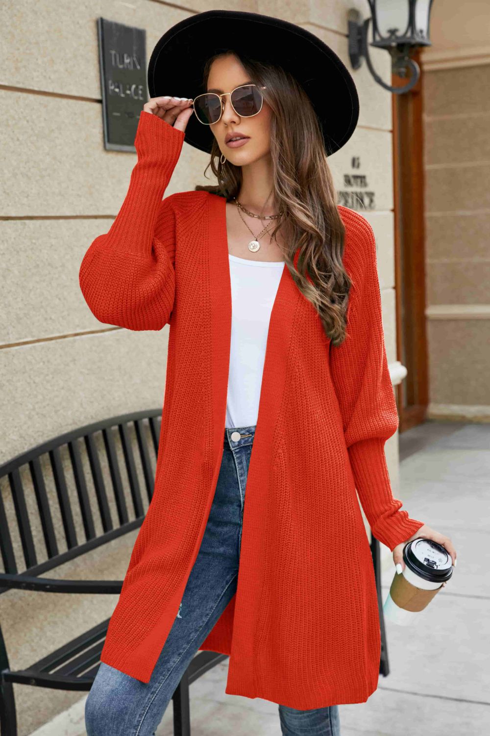 Open Front Lantern Sleeve Cardigan 