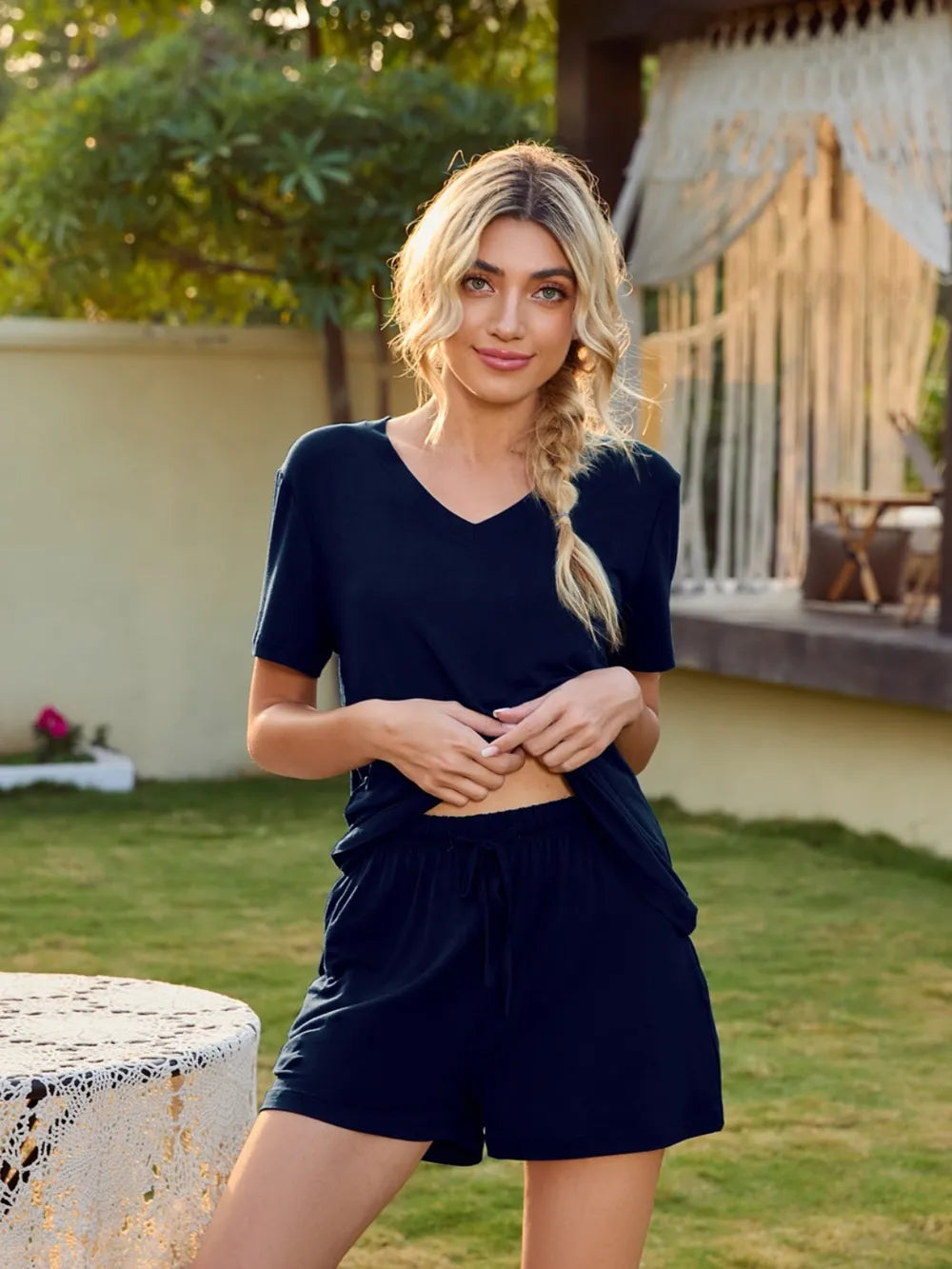 V-Neck Short Sleeve Top and Pocketed Shorts Lounge Set Lingerie & Nightwear