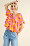 And The Why Full Size Printed Satin Bubble Hem Top 